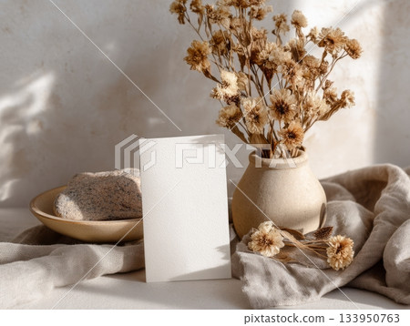 Neutral Greeting Card Mockup with Dried Flowers and Stone Decor 133950763