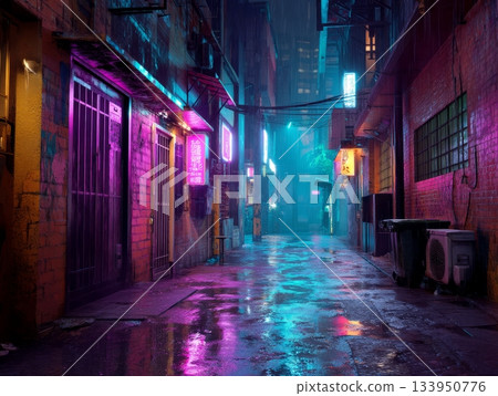 Cyberpunk Neon Alleyway in the Rain at Night Cyberpunk Neon Alleyway in the Rain at Night 133950776