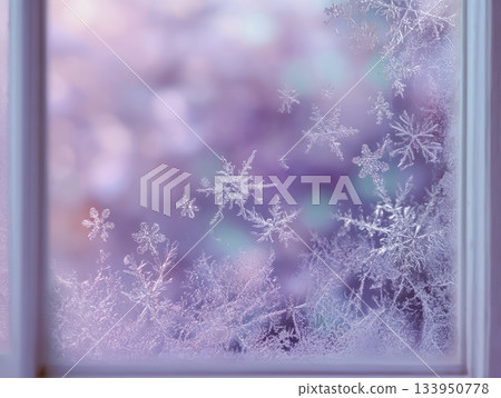 Frosty Windowpane with Snowflake Patterns in Pastel Lavender 133950778
