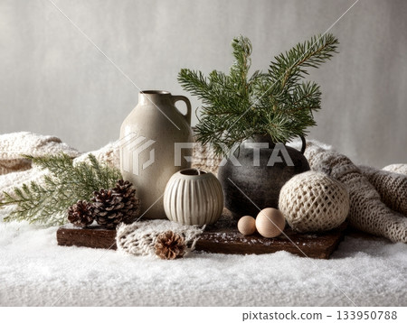 Scandinavian Winter Still Life with Ceramic Vases and Pinecones 133950788