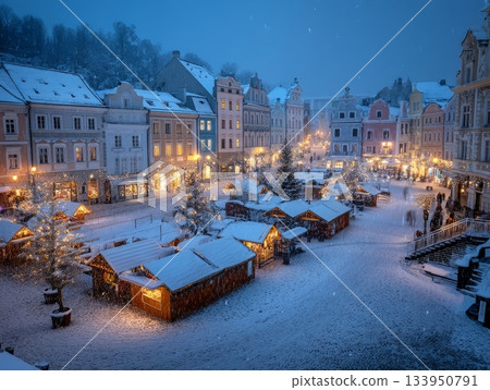 Winter Christmas Market in Elegant Town with Mountain View 133950791