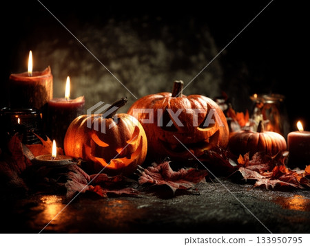 Creepy Halloween Pumpkins with Candles in a Dark Autumn Setting Creepy Halloween Pumpkins with Candles in a Dark Autumn Setting 133950795