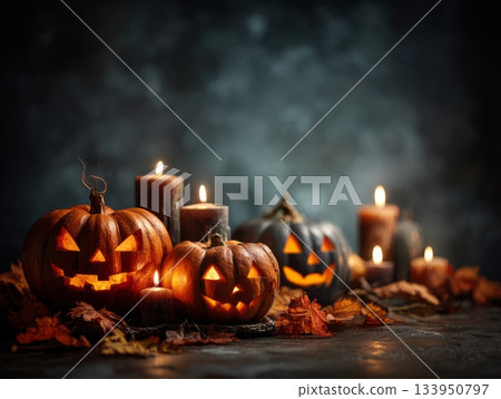 Glowing Halloween Pumpkins with Candles and Autumn Leaves Glowing Halloween Pumpkins with Candles and Autumn Leaves 133950797