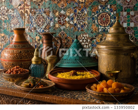 Moroccan table with traditional dishes 133950802
