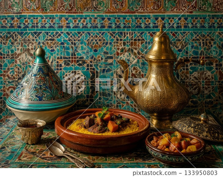 Colorful Moroccan table with tagine Colorful Moroccan table with tagine 133950803