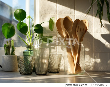 Modern eco kitchen with wooden utensils 133950807