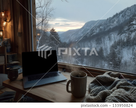 Digital nomad working from cozy mountain cabin Digital nomad working from cozy mountain cabin 133950824