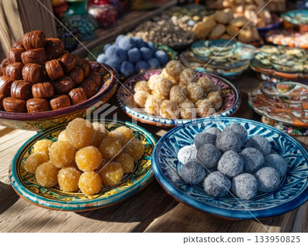 Maghrebi sweets at festive market table Maghrebi sweets at festive market table 133950825