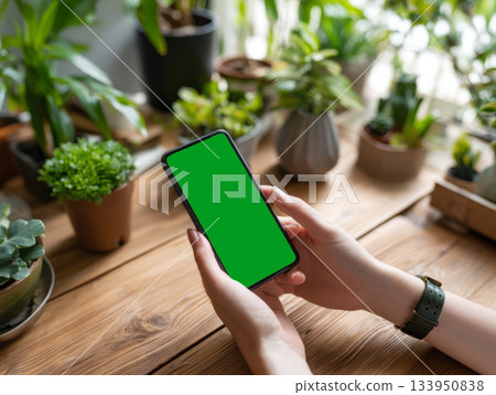 Hands holding smartphone green screen mockup Hands holding smartphone green screen mockup 133950838