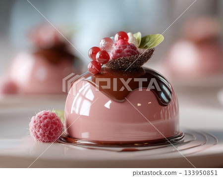 Pink glossy mousse dessert with chocolate glaze and berry topping 133950851