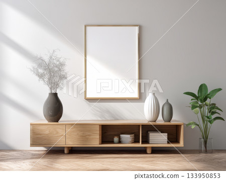 Minimal poster frame mockup in cozy Scandinavian living room 133950853