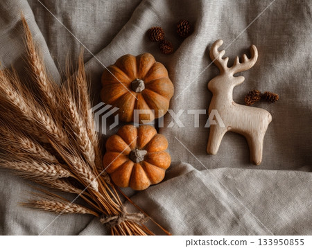 Rustic autumn still life with pumpkins and wheat 133950855