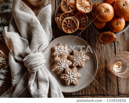 Minimalist Christmas cookies and dried oranges on rustic table Minimalist Christmas cookies and dried oranges on rustic table 133950856