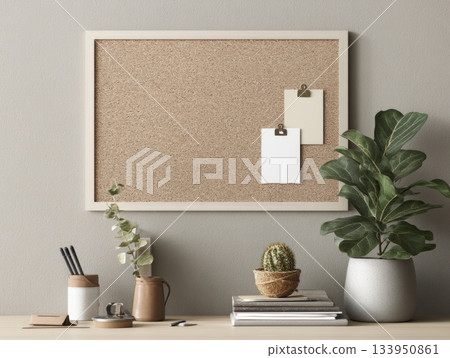 Bulletin board with blank notes in cozy minimalist office 133950861