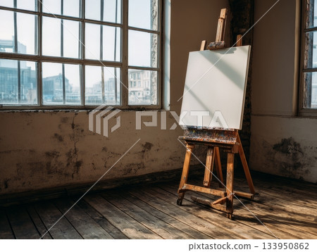 Blank canvas on wooden easel in rustic daylight art studio 133950862