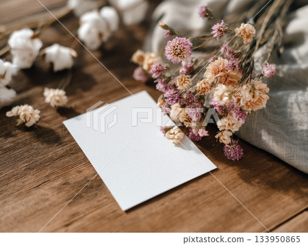 Blank greeting card mockup with dried flowers on rustic wooden table Blank greeting card mockup with dried flowers on rustic wooden table 133950865