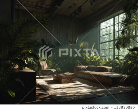 Sunlit biophilic interior with lush greenery and cozy seating nook 133950880