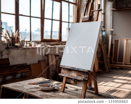 Blank canvas on wooden easel in rustic daylight art studio Blank canvas on wooden easel in rustic daylight art studio 133950883