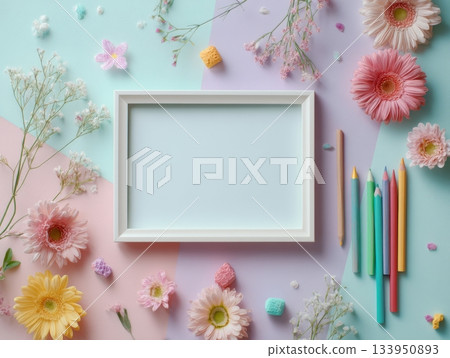 Cherry blossom frame mockup on pastel pink background Cherry blossom frame mockup on pastel pink background 133950893