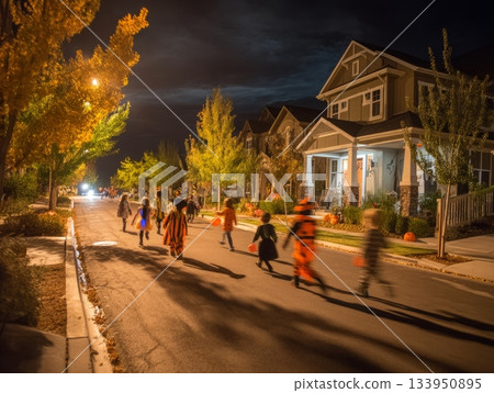 Children trick-or-treating in suburban neighborhood on Halloween night Children trick-or-treating in suburban neighborhood on Halloween night 133950895
