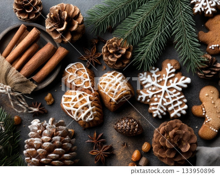 Christmas cookies with cinnamon sticks and pine on rustic wooden table Christmas cookies with cinnamon sticks and pine on rustic wooden table 133950896