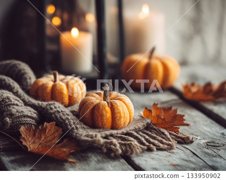 Cozy autumn still life with pumpkins and candle Cozy autumn still life with pumpkins and candle 133950902
