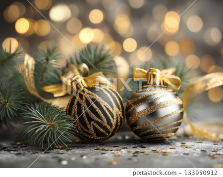 Black and silver Christmas baubles with golden glitter and fir branches Black and silver Christmas baubles with golden glitter and fir branches 133950912
