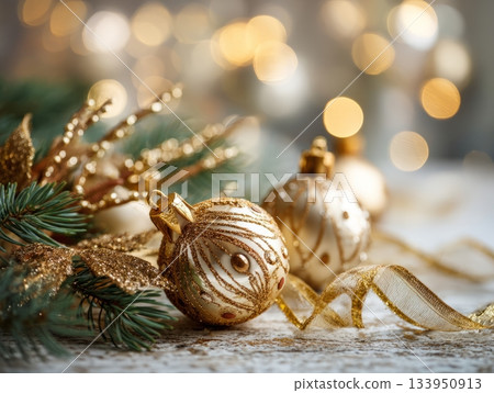 Black and silver Christmas baubles with golden glitter and fir branches 133950913