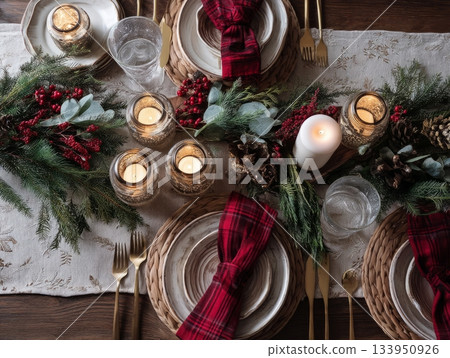 Christmas Table Setting with Candles and Rustic Holiday Decor 133950926