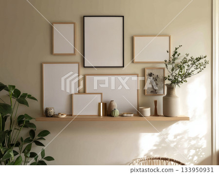 Scandinavian Shelf Gallery with Framed Art and Minimalist Decor 133950931