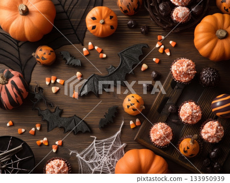 Halloween Cupcakes and Pumpkins Flat Lay 133950939
