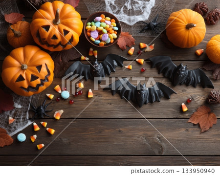 Halloween Flat Lay with Pumpkins and Candy Halloween Flat Lay with Pumpkins and Candy 133950940