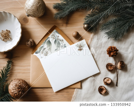Holiday Card Mockup with Envelope and Pine Decorations 133950942