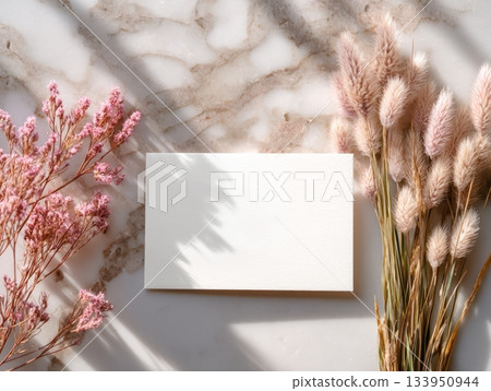 Light Summer Card Mockup with Pink Dried Flowers 133950944