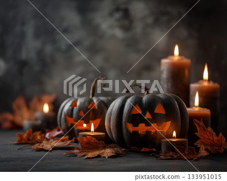 Halloween Pumpkins with Black Candles and Autumn Leaves 133951015