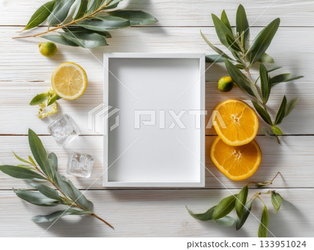 Summer Frame Mockup with Citrus and Olive Leaves Summer Frame Mockup with Citrus and Olive Leaves 133951024
