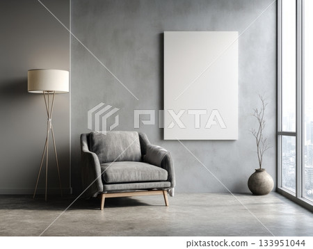 Modern armchair and blank poster on concrete wall Modern armchair and blank poster on concrete wall 133951044