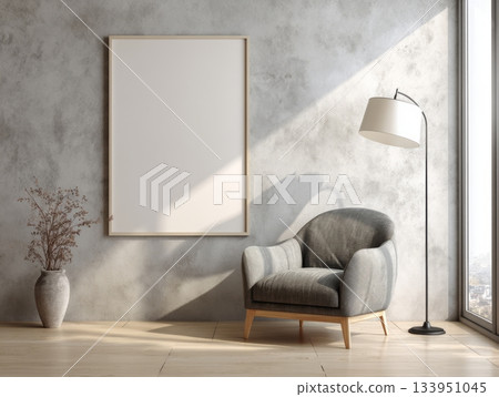 Minimalist armchair and blank poster in sunlit interior 133951045