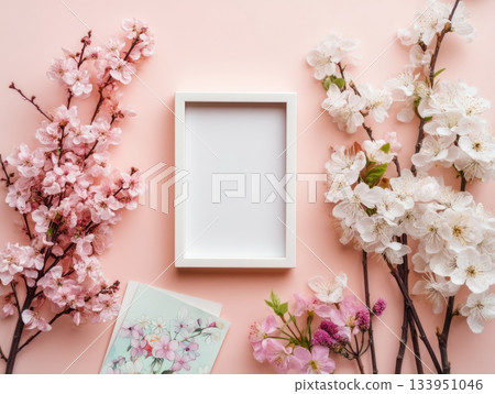 Cherry blossom frame mockup on pastel pink background Cherry blossom frame mockup on pastel pink background 133951046