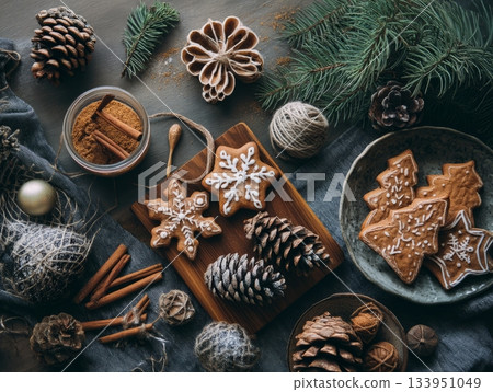 Christmas cookies with cinnamon sticks and pine on rustic wooden table Christmas cookies with cinnamon sticks and pine on rustic wooden table 133951049