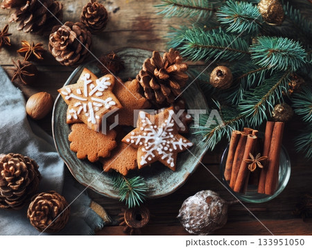Gingerbread men with cinnamon and pinecones on dark background Gingerbread men with cinnamon and pinecones on dark background 133951050