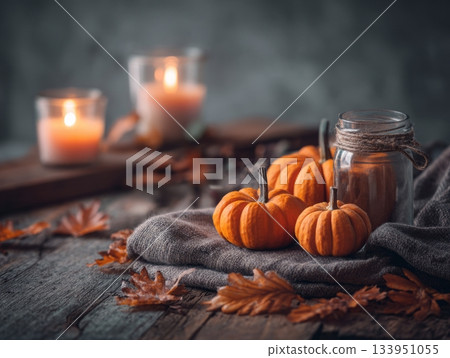 Rustic fall still life with mini pumpkins and candles Rustic fall still life with mini pumpkins and candles 133951055