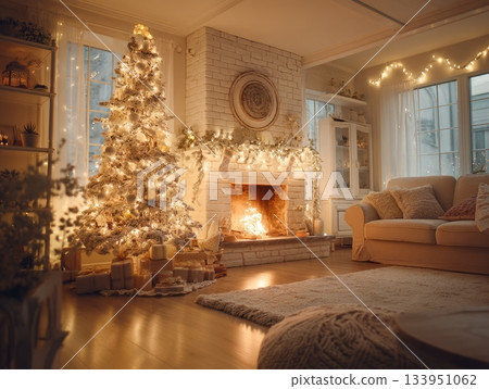Cozy Christmas living room with decorated tree and fireplace 133951062