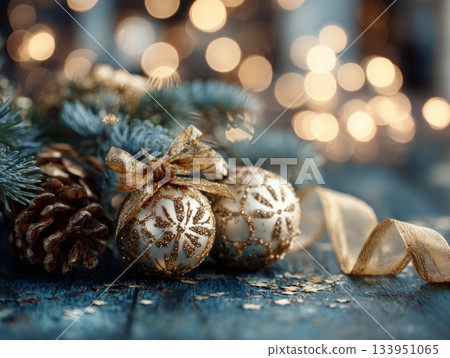 Elegant Christmas ornaments with pine cones and gold ribbon on festive background 133951065