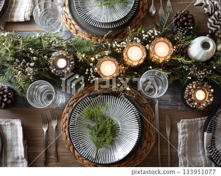 Natural Christmas Table Setting with Candles and Pinecones 133951077
