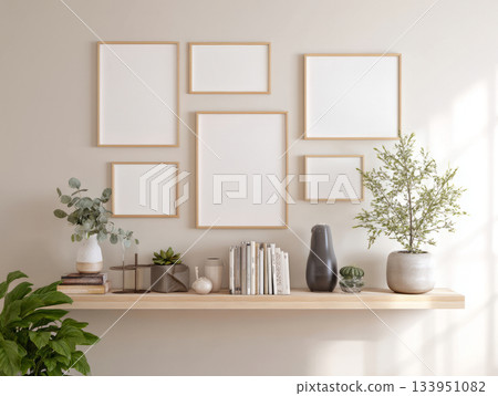 Scandinavian Wall Decor with Floating Shelf and Framed Prints Scandinavian Wall Decor with Floating Shelf and Framed Prints 133951082