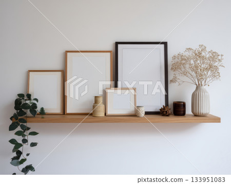 Scandinavian Shelf Gallery with Framed Art and Minimalist Decor 133951083