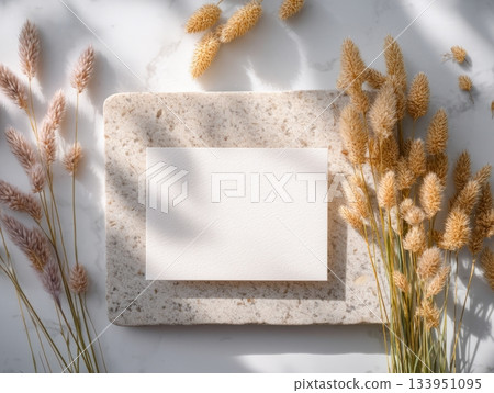 Card Mockup on Linen and Sand with Dried Plants 133951095