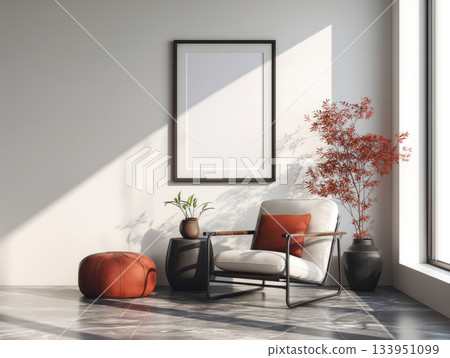 Elegant Poster Frame in Interior with Terracotta Chair Elegant Poster Frame in Interior with Terracotta Chair 133951099