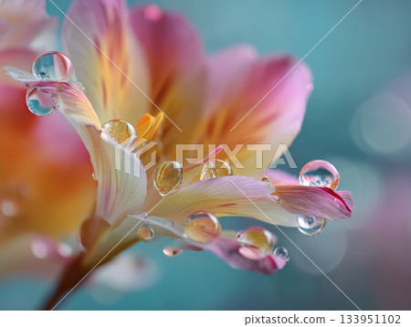 Colorful Dewdrops on Flower Petals with Blue Bokeh Colorful Dewdrops on Flower Petals with Blue Bokeh 133951102